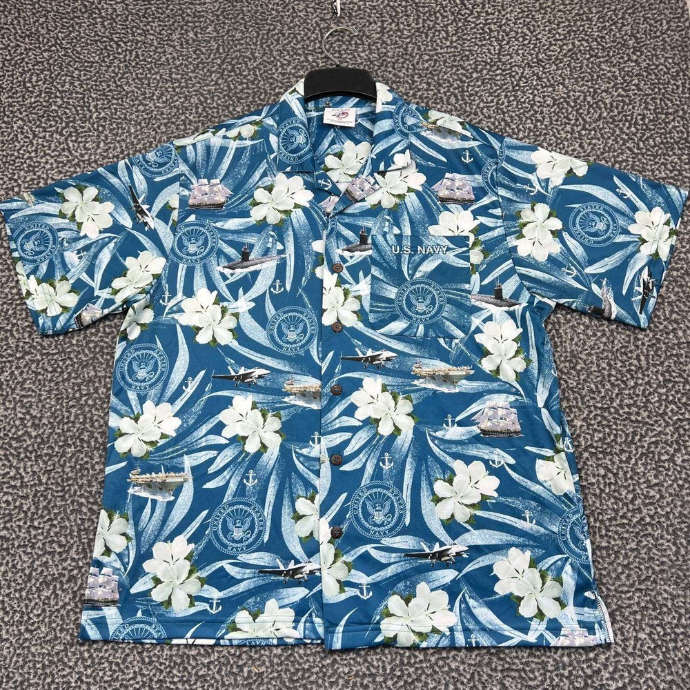 AE Sport US Navy Button Up Shirt Men Large Blue Hawaiian Floral Short Sleeve L